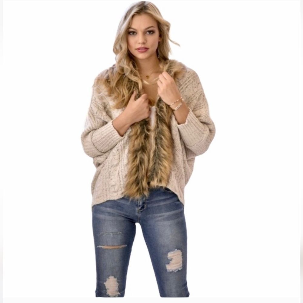 Military Hippie Faux Fur Lace Up Back One Size Cardigan